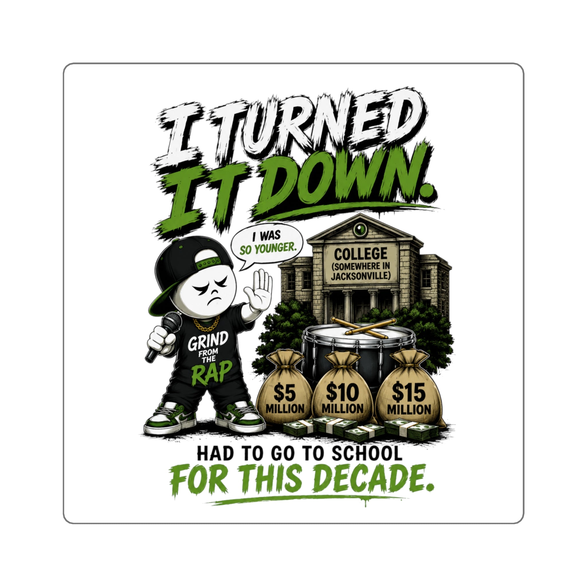 I Turned It Down Square Sticker — 'Had to Go to School for This Decade' Rap Grind Design